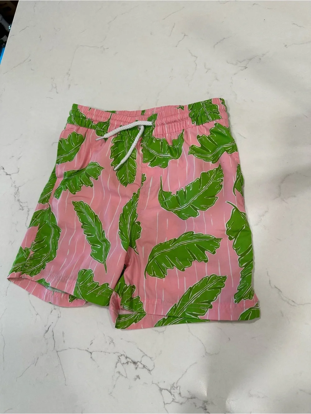 The Beaufort Bonnet Company Pink Swim trunks with Green Palm Print